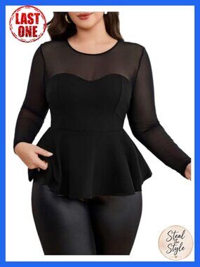 Plus Size Mesh Long Sleeve Peplum Sexy Cocktail Top